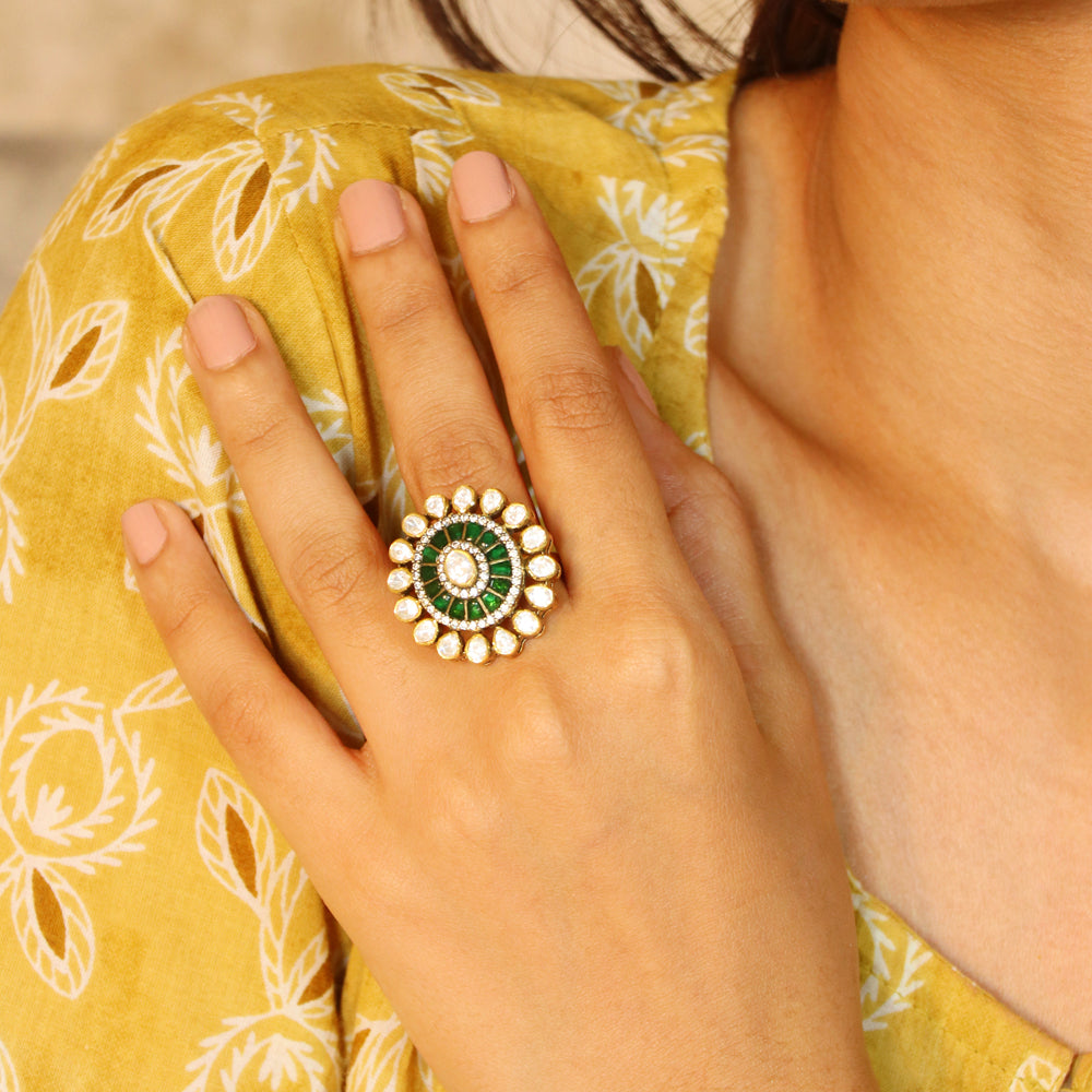 Moissanite with Green Kundan Ring image 0